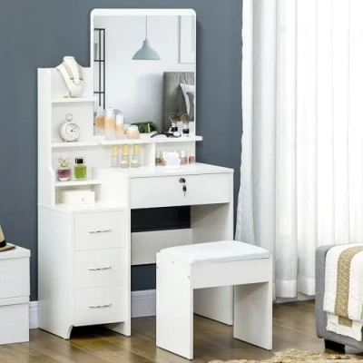 Imagen de HOMCOM Tocador de Maquillaje con Taburete y Espejo Mesa 4 Cajones Compartimientos Almacenamiento Estilo Moderno 80x38x143 cm Blanco