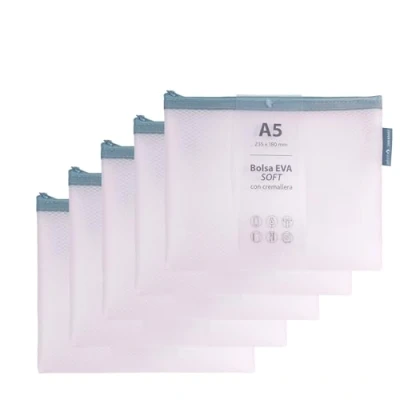 Imagen de Grafoplas Pack de 5 Bolsas con Cremallera EVA Soft a5, Rosa Pastel, Tacto Suave, Zipper Bags Hechas Goma Transparente, Ideal para Transportar y Proteger Todo Tipo Artículos Documentos