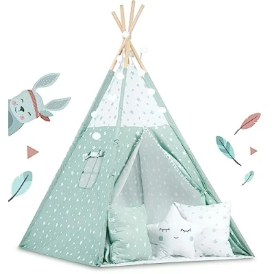 Imagen de Nukido Tienda Tipi para Niños con Luces, 3 Cojines, Colchoneta Aislante y Funda Estilo Montessori Fácil de Plegar Alfombra Juegos Algodón 120x120x165cm