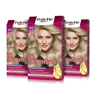 Imagen de Palette Intensive Creme Color 8 1 Rubio Claro Ceniza, tinte permanente con aceite de macadamia y almendras, cubre el 100% las canas raíces, para un pelo radiante, Pack 3