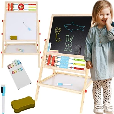 Imagen de KRUZZEL Pizarra de madera,Caballete para dibujo,Pizarra niños Multiactividad Diseño y Rollo Papel, Magnético Bonus