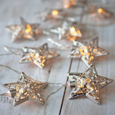 Imagen de Lights4fun Guirnalda Luminosa de Estrellas Plateadas 16 Leds luz Blanca cálida