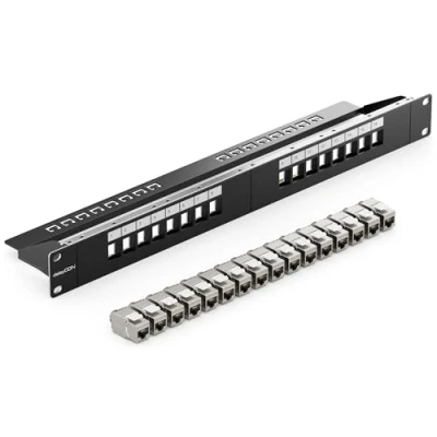 Imagen de deleyCON 16 Puerto Panel de Parches Conjunto Modular 1 HE 19&quot; Pulgadas Instalación en Rack + Módulos RJ45 Keystone CAT6a Compatible con CAT5 CAT6 CAT7 LAN Cables Red Descarga Negro
