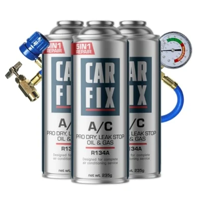 Imagen de gas refrigerante r134a para coche, kit recarga r134a, carga aire acondicionado coche 3 latas de 5en1 y manguera con manómetro, 235 g