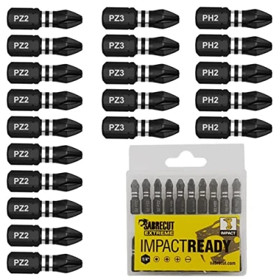Imagen de 20 x SabreCut SCPB25_20 Juego de puntas destornillador impacto PZ2 PZ3 PH2 25 mm PoziDriv POZI n. 2 3 Phillips servicio pesado, incluida caja almacenamiento
