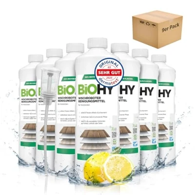 Imagen de BiOHY Detergente robot de limpieza (9 botellas 1 litro) + Dosificador Limpiador para los suelos madera parquet y laminado Concentrado con fragancia fresca (Wischroboter Holz)