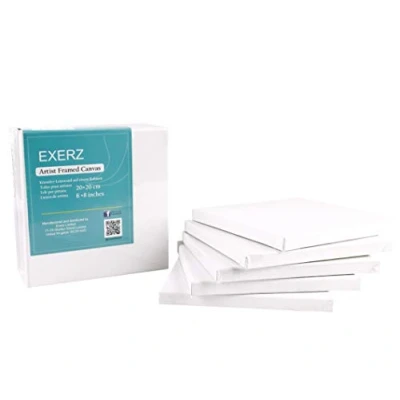 Imagen de Exerz Lienzos preestirados 20x20cm Juego de 5 / Enmarcados/ 280GSM/Pre Estirado 100% Algodón/Color Blanco/Triple Preparado/Libre Acido/Hebra Media 1,7cm Espesor