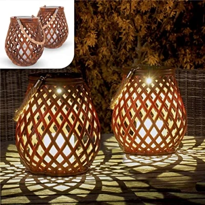 Imagen de Gadgy Linternas solares para exteriores Juego de 2 faroles ratán Linterna solar Luz jardín Lámpara sobremesa Luces balcones Decoración