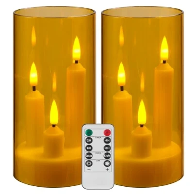 Imagen de Da by Velas LED sin llama, doradas, funciona con pilas control remoto y temporizador, diseño de pilar 3 núcleos, paquete 2