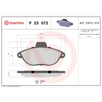 Imagen de BREMBO P 23 072 Juego de pastillas freno con contacto avisador desgaste sin accesorios CITROËN: Jumpy I MPV, Furgón, Evasion
