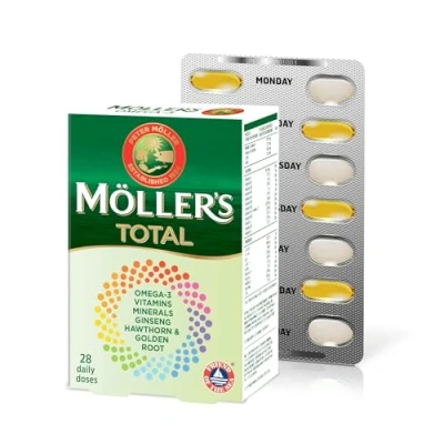Imagen de Moller’s ® Total Complemento Alimenticio de Uso Diario Suplemento dietético con omega 3, EPA y DHA Amplio espectro vitaminas minerales Ginseng, Espino Rodiola 56 Cápsulas