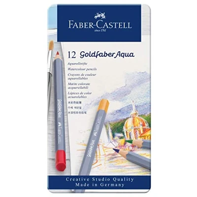 Imagen de Faber Castell 114612 Estuche de metal con 12 lápices colores acuarelables hexagonales Goldfaber Aqua, surtidos