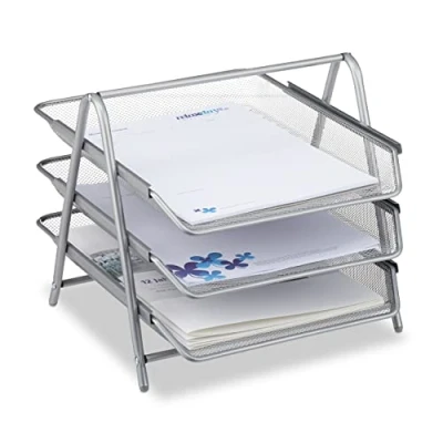 Imagen de Relaxdays bandeja de documentos metal, para cartas con 3 compartimentos, escritorio diseño malla A4, plateada, 35,5 x 29,5 27 cm