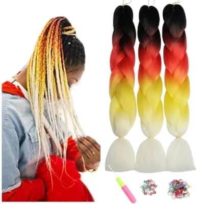 Imagen de ShowJarlly Jombo trenzado pelo sintético 100 G/PC 24 &quot;Largo Kanekalon africana mechones extensiones de 3PCS/LOT (D1#Black/Red/Bright Yellow/White)
