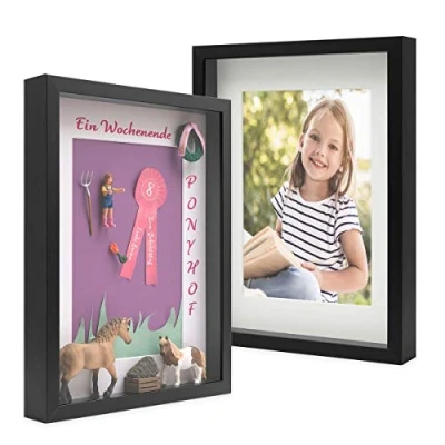 Imagen de PHOTOLINI 3D Marcos de Fotos 30x40 cm para Rellenar, Negro, 2 Piezas Marco con Profundidad Objetos hasta 3 cm, Madera MDF paspartú y Cristal Manualidades como Regalo