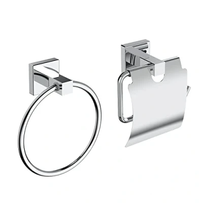 Imagen de EMKE Juego de 2 toalleros Acero Inoxidable para baño, Accesorios baño autoadhesivos, Anillo Toalla y Soporte Papel higiénico con decoración cromada