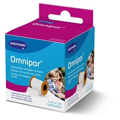 Imagen de Omnipor, Esparadrapo de Tejido no Resistente, Pre Tape para la Sujeción Apósitos y Vendajes, Espadrapo Hipoalargénico Resistente al Agua, Cinta Quirurgica, Color Blanco (5cm x 5m)