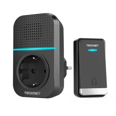 Imagen de TECKNET Timbre Inalámbrico con Enchufe Impermeable para Puerta, 60 Melodías Rango de 400M Distancia Casa, 5 Niveles Volumen, No Necesita Batería Negro