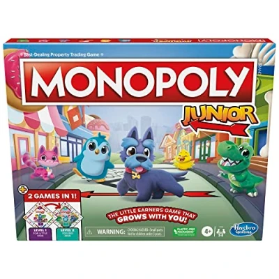 Imagen de Monopoly Junior juego de mesa, tablero 2 lados, juegos en 1, monopolio para niños más pequeños 4 años adelante, a 6 jugadores