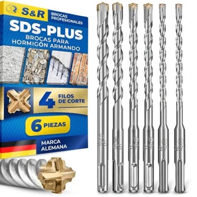 Imagen de S&amp;R Brocas SDS Plus 4 Filos Cortes Juego de 6 para Hormigón Piedra y Granito 8 10 12 mm Taladro Universal