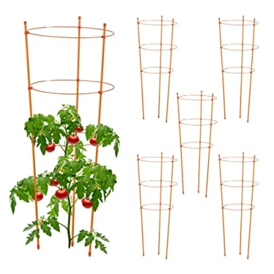 Imagen de Relaxdays Set 6 Jaulas Tomates, Metal y Plástico, Tutores Tomateras, 76 cm Alto, 3 Anillos, Soporte Trepadoras, Naranja