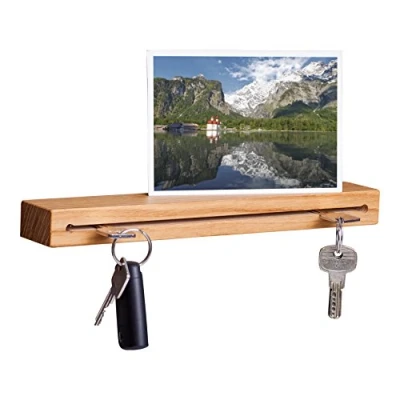 Imagen de WOODS Llavero de madera con estante I Nut Soporte para llaves moderno Decoración pared hecha a mano en Baviera Rodapié roble 30 cm