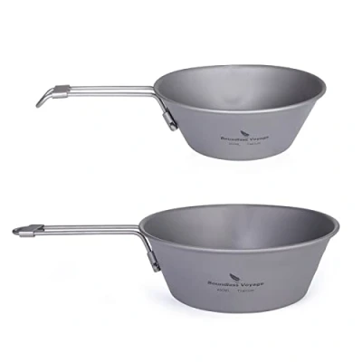 Imagen de iBasingo Cuenco de titanio 300 ml/450 ml, ligero, para camping, cocina con mango plegable y boquilla antigoteo, duradero, exteriores, senderismo, picnic, ti1089T