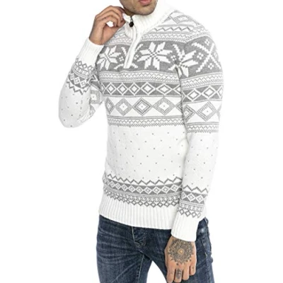 Imagen de Suéter de Punto para Hombres Estilo Noruego Jersey Pulóver con Cuello Alto y Cremallera Blanco M