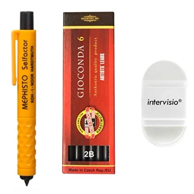 Imagen de Koh I Noor 5301 Portaminas de 5,6 mm Porta Minas Moderno Plástico con Juego Grafito 4865 2B y Borrador Sacapuntas intervisio para el Colegio, la Oficina, Escritores, Artistas