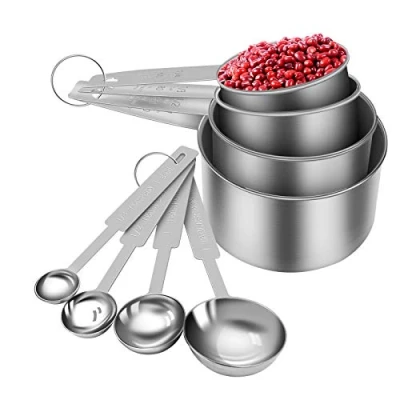 Imagen de Juego de 8 Tazas y Cucharas medidoras, Medidoras Plástico Reutilizables con Mango Acero Inoxidable para Medir Líquidos Sólidos (Plata)