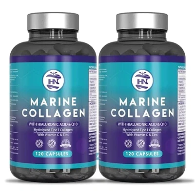 Imagen de Colageno Marino Hidrolizado Puro con Acido Hialuronico Magnesio y Vitamina C Coéncima Q10, Zinc, Marine Collagen, Colágeno Hialurónico (120 Caps x 2 Botes)