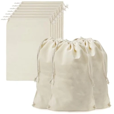 Imagen de Belle Vous Bolsa Tela Algodón Muselina para Guardar Productos con Cordel (Pack de 10) 30 cm Largo x 20 Ancho Bolsas Reutilizables Fruta, Vegetales Compra Ecológica