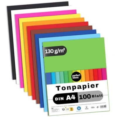 Imagen de perfect ideaz Papel tintado A4 100 hojas de colores, en 10 colores diferentes, grosor 130g/m², para manualidades