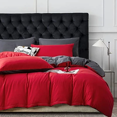 Imagen de Gezu funda nórdica de 220 x 240 cm, color rojo y gris liso, reversible, juego cama para 2 personas, microfibra con cremallera, fundas almohada 65 cm