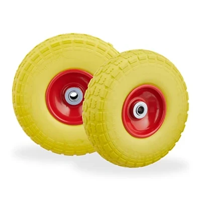 Imagen de 4 Ruedas de Carro, Antipinchazos, Macizas, 4.10/3.50 4&quot;, Eje 16 mm, hasta 150 kg, 26 x 8,5 cm, Amarillo y Rojo