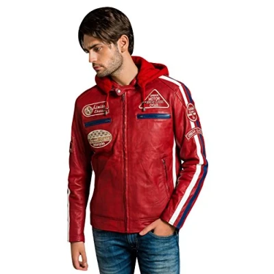 Imagen de Chaqueta Moto Hombre en Cuero 58 Gents Cazadora de Piel Cordero Armadura Removible para Espalda, Hombros y Codos Aprobada por la CE Rojo wax M