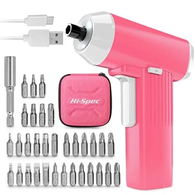Imagen de Hi Spec Atornillador Eléctrico Inalámbrico 3.6V en Elegante Rosa con Puntas de Destornillador (32 Piezas). Batería 2000mAh y Luz LED Para Proyectos Bricolaje Reparaciones Domésticas.