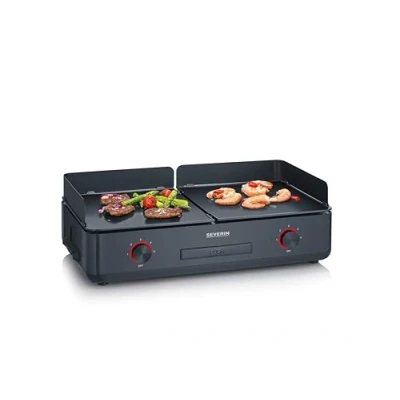 Imagen de Severin Plancha grill, grill de sobremesa con 2 placas y revestimiento cerámico liso (sin PFAS), superficie 1.300 cm, hasta 240C, 2.200 W potencia, negro, PG 8569