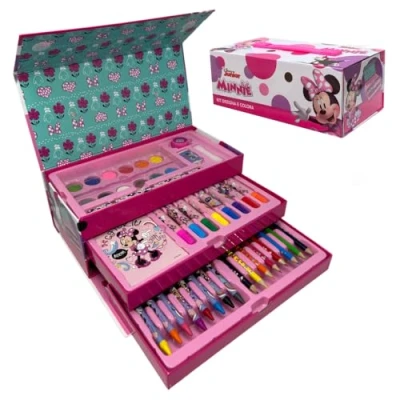Imagen de Maletín de colores para niños Minnie Disney set 52 piezas y papelería caja con cajones kit dibujo pintura
