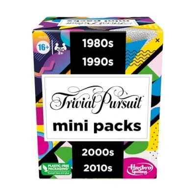 Imagen de Hasbro Gaming Trivial Pursuit Mini paquetes múltiples, preguntas divertidas de trivia para adultos y adolescentes a partir 16 años, incluye 4 juegos con décadas