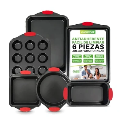 Imagen de Nutrichef juego de 6 moldes, Utensilios horno, Baking set, Moldes reposteria, Antiadherentes, Libres PFOA, PFOS, PFTEE, Aptos para hornos hasta 230C (450F), Mangos silicona