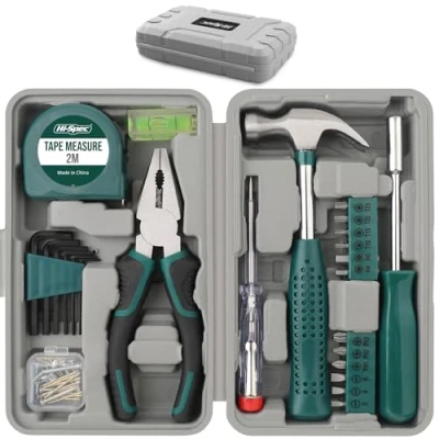 Imagen de Hi Spec 25 piezas juego compacto de herramientas para hogar y oficina. Kit básico reparaciones en maletín portátil con martillo, alicates destornilladores
