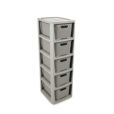 Imagen de BranQ Home essential Estantería en diseño de ratán, plástico PP sin BPA, Gris Claro, 29,5 x 24 80 cm, 5 cestas