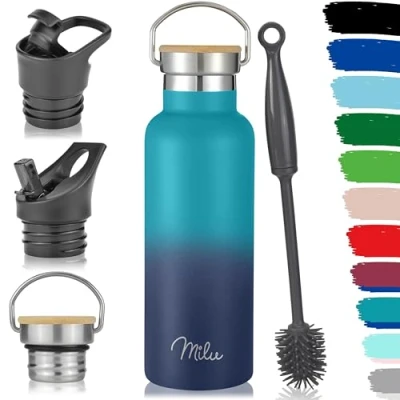 Imagen de Milu Botella de Agua, 500ml, 750ml, 1000ml (+3 Tapas) Acero Inoxidable, Libre BPA, Para Bebidas Calientes, Frías y Carbonatadas (Azul Verde, 500ml)