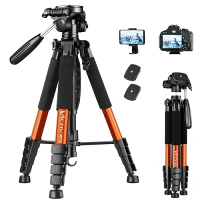 Imagen de Victiv Trípode Cámara Movil, 182 cm de Aluminio para Viajes Ligero y Compacto con Cabezal Giratorio 3 Vías Tomas Panorámicas 360 DSLR Youtube Living Vlog Naranja