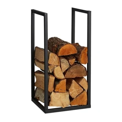 Imagen de Relaxdays Leñero para Chimenea Mediano, Metal, 60x30x30 cm, Estante de Leña Interior, Apilar Troncos, Negro, Hierro