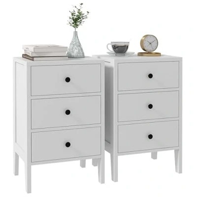 Imagen de HOMCOM Juego de 2 mesillas Noche, auxiliares, mesilla Noche con 3 cajones para Dormitorio Madera Dim. 40L x 30W 64H cm Blanco