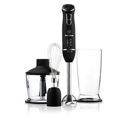 Imagen de Batidora de mano 3 en 1 Westinghouse WKHB1518BK, con ajustes velocidad, batidor, tazón picador, taza, ergonómica y acabados acero inoxidable.