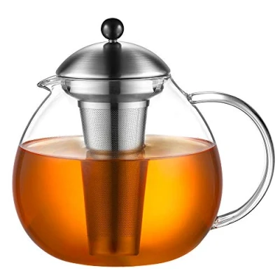 Imagen de glastal Tetera de vidrio plateado 2000 ml con colador té acero inoxidable 18/8 borosilicato en la estufa