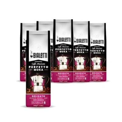 Imagen de Bialetti Perfetto Moka Delicato: Café Molido Tueste Ligero, Aroma de Avellana y Frutas Seca, 250 g x 6, Paquete con Válvula Unidireccional para Preservar el Sabor